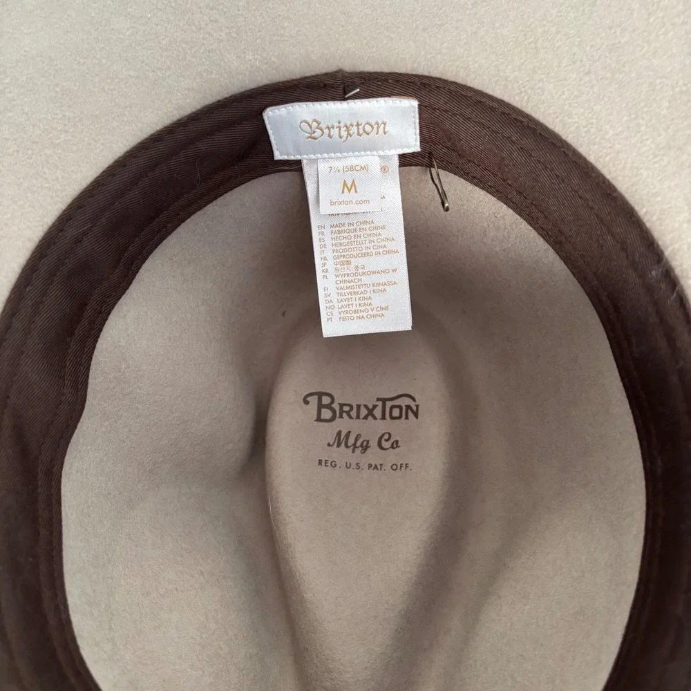 Brixton Messer Fedora Tan Wool Felt Wide‎  Brim Hat Leather Band Womens M 58cm